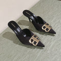 POINTED BB GOLD BUCKLE HIGH MULES IN BLACK SILK