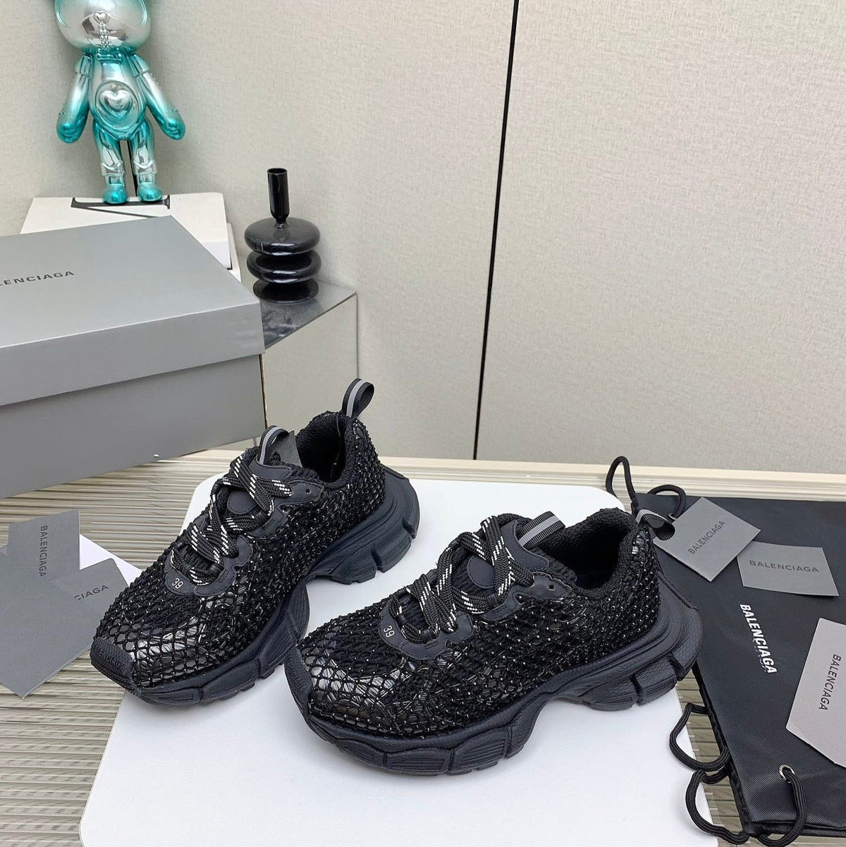 XL FISHNET SNEAKER IN BLACK MESH, POLYURETHANE, POLYESTER WITH RHINESTONES
