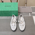 STUDDED MARY JANE FLATS IN WHITE SHINY LAMBSKIN